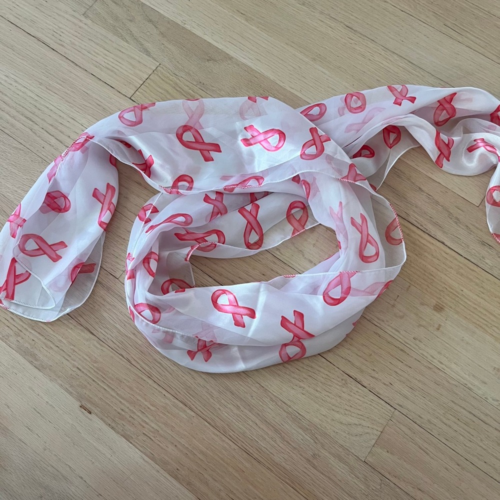 Pink Ribbon Breast Cancer Awareness Scarf Sheer Striped Silk Feel Oblong White